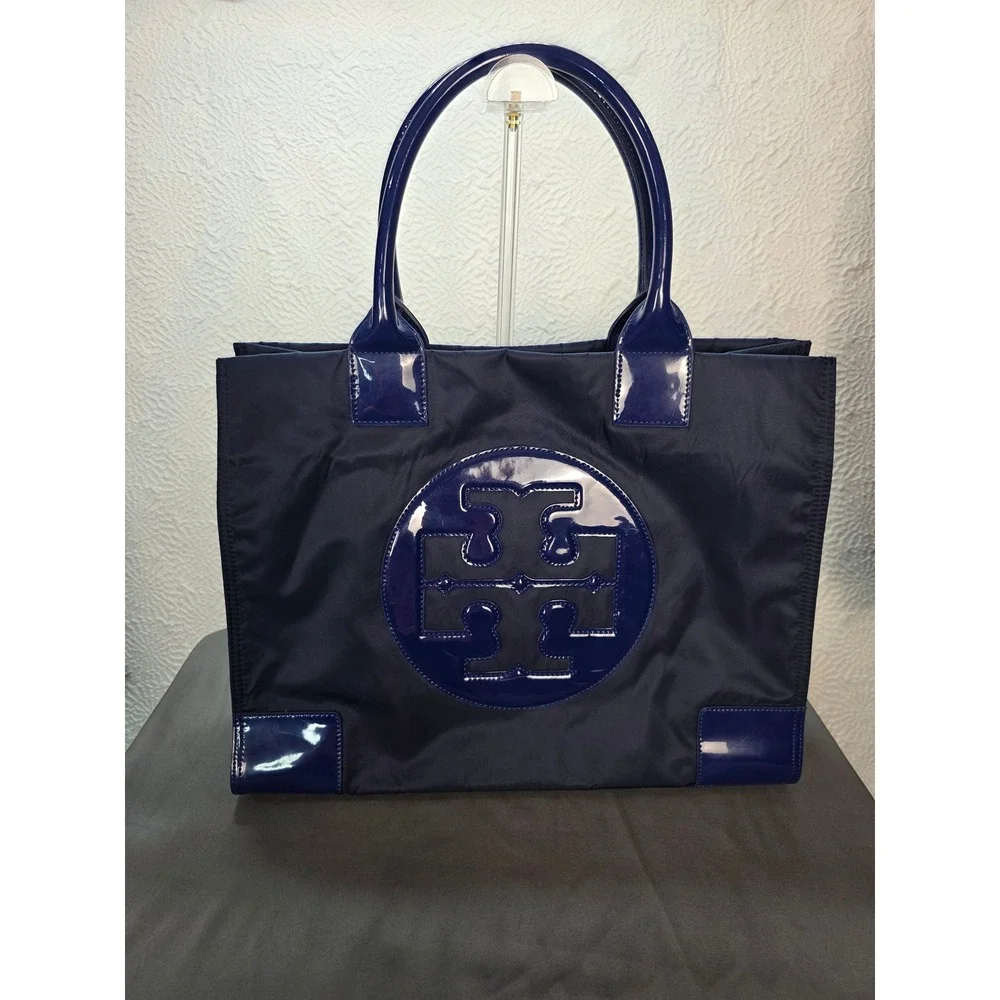 Tory Burch Ella Tote Bag Women Large Navy Blue Excellent Nylon Patent Leather
